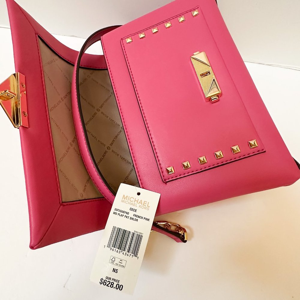 Michael Kors CECE Medium Flap Shoulder Crossbody Leather Bag French Pink - Picture 13 of 13